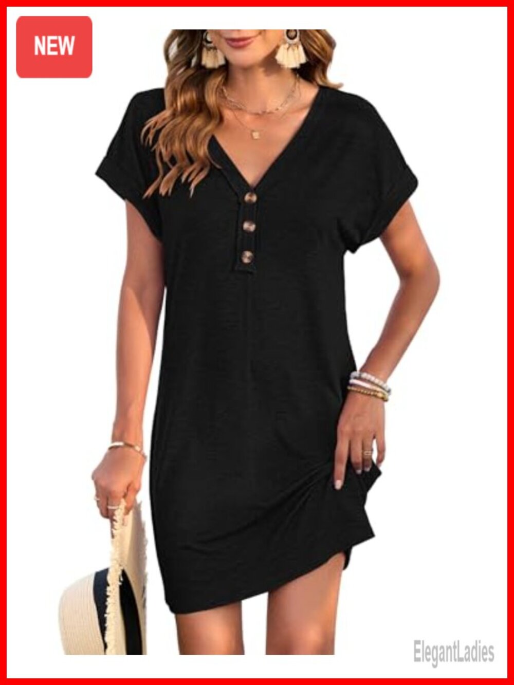 Women's Casual Summer T Shirt V Neck Swing Dress Short Sleeve Mini